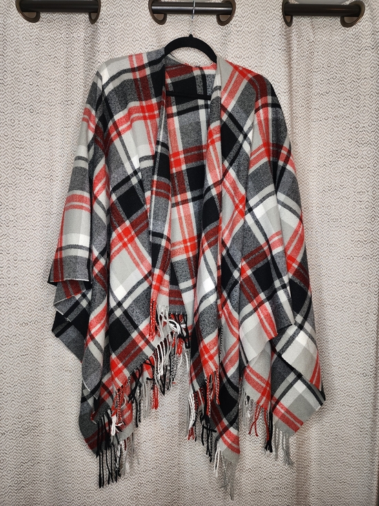 Jackets & Blazers - Plaid Fringe Open Poncho Wrap - Red, Black & White